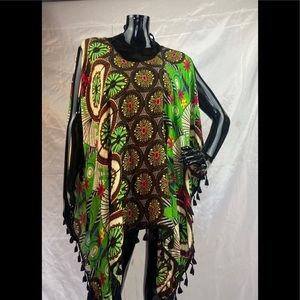 Boho Green Multi-Print Tassel Poncho